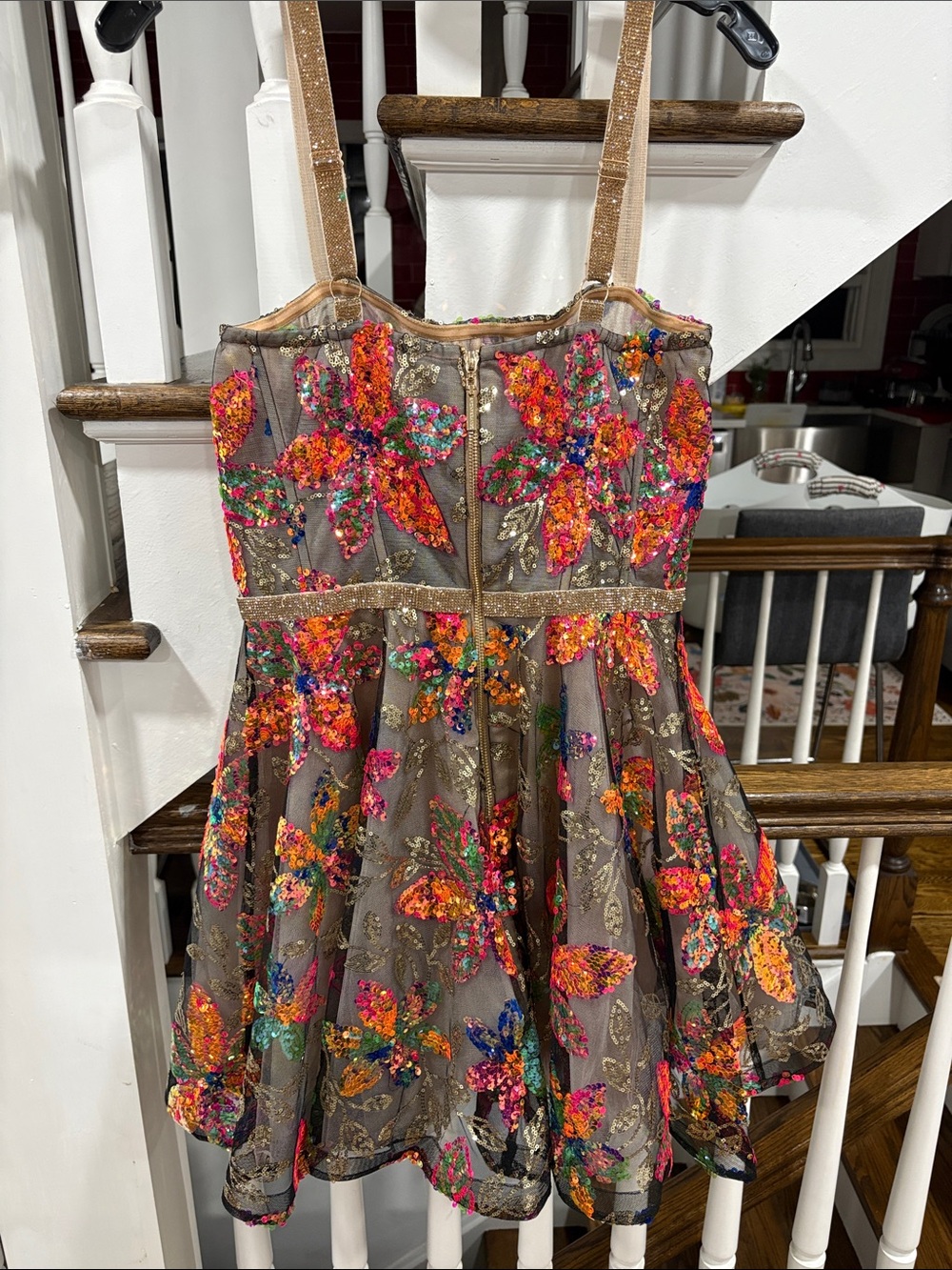 Bronx and Banco Brown Mini Dress with Multicolor Sequin Floral Embroidery - Picture 5 of 16